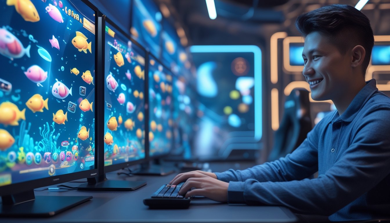 Seorang pemain muda sedang bermain game menembak ikan di depan beberapa layar komputer dengan latar ruangan gaming modern dan pencahayaan biru.