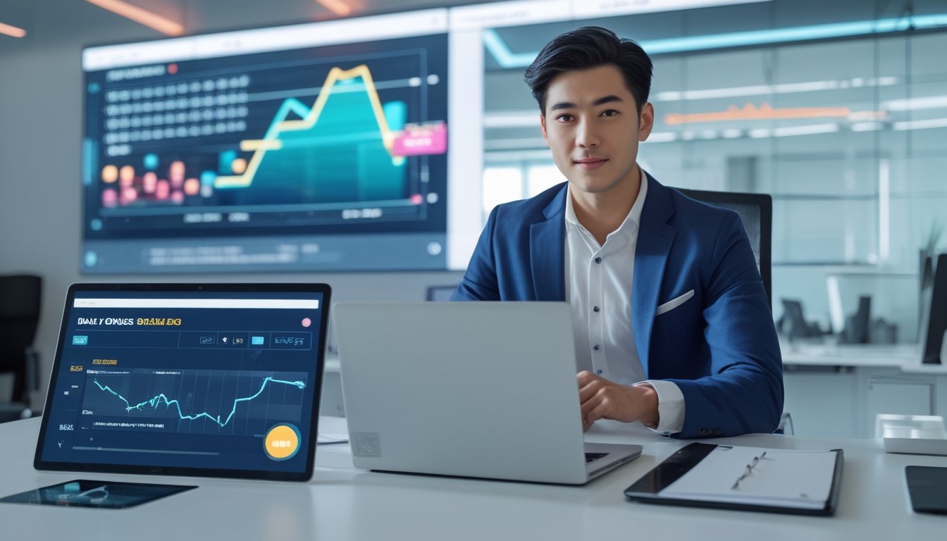 Seorang pria muda duduk di meja kantor dengan perangkat digital menampilkan grafik dan data, menunjukkan suasana kerja yang fokus pada strategi dan kesuksesan finansial.