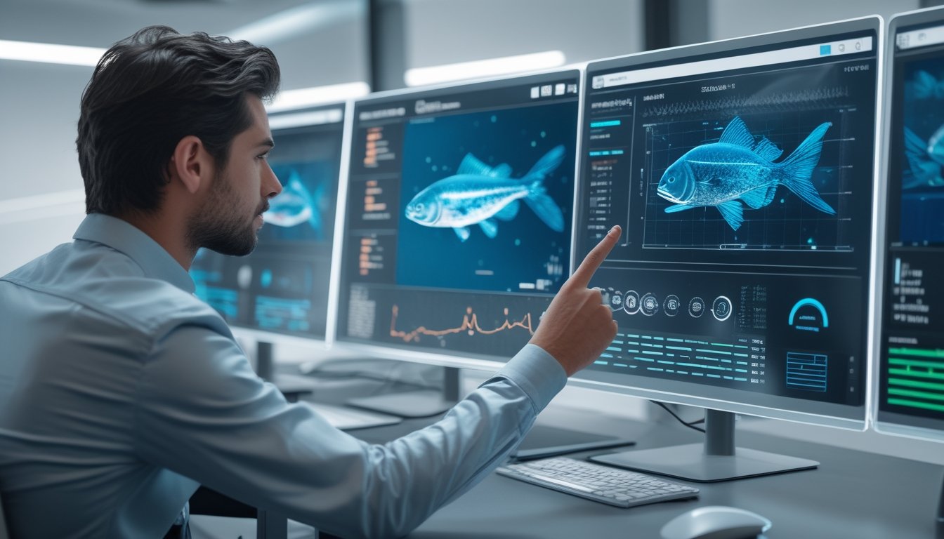 Seorang analis sedang bekerja dengan layar digital yang menampilkan pola gerak ikan dan data statistik di ruang kantor modern.