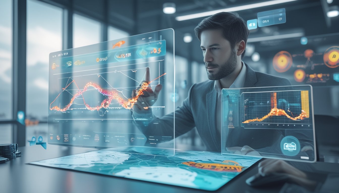 Seorang analis sedang mempelajari pola pergerakan ikan pada layar digital di ruang kerja modern dengan grafik dan peta digital.