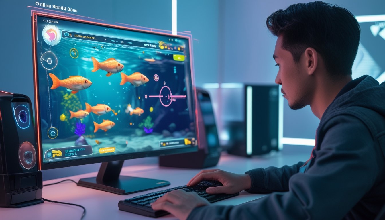 Seorang pemain dewasa sedang bermain game tembak ikan online di depan komputer dengan layar menampilkan ikan berwarna-warni dan fitur auto-lock target yang aktif.