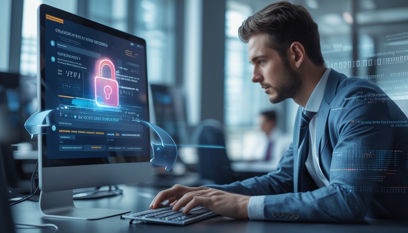 Seorang pria menggunakan komputer dengan tampilan situs taruhan online yang aman dan elemen keamanan digital terlihat di layar.