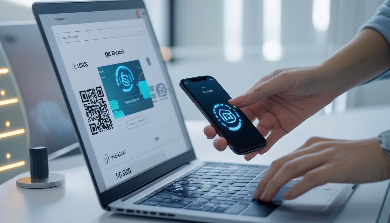 Seseorang menggunakan ponsel untuk memindai kode QR pada layar laptop di meja kerja yang rapi.