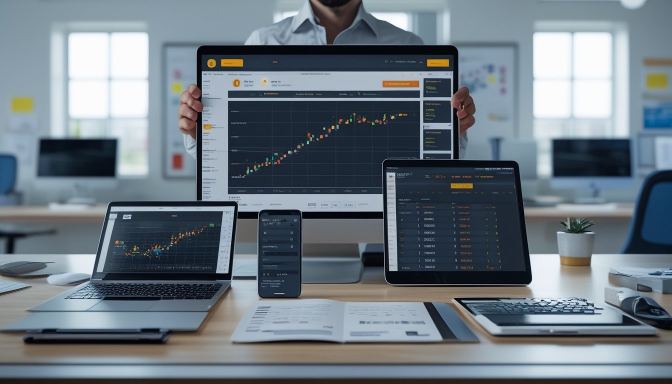 Seorang profesional sedang menganalisis data keuangan dan strategi taruhan online di ruang kantor modern dengan beberapa layar digital dan perangkat teknologi.
