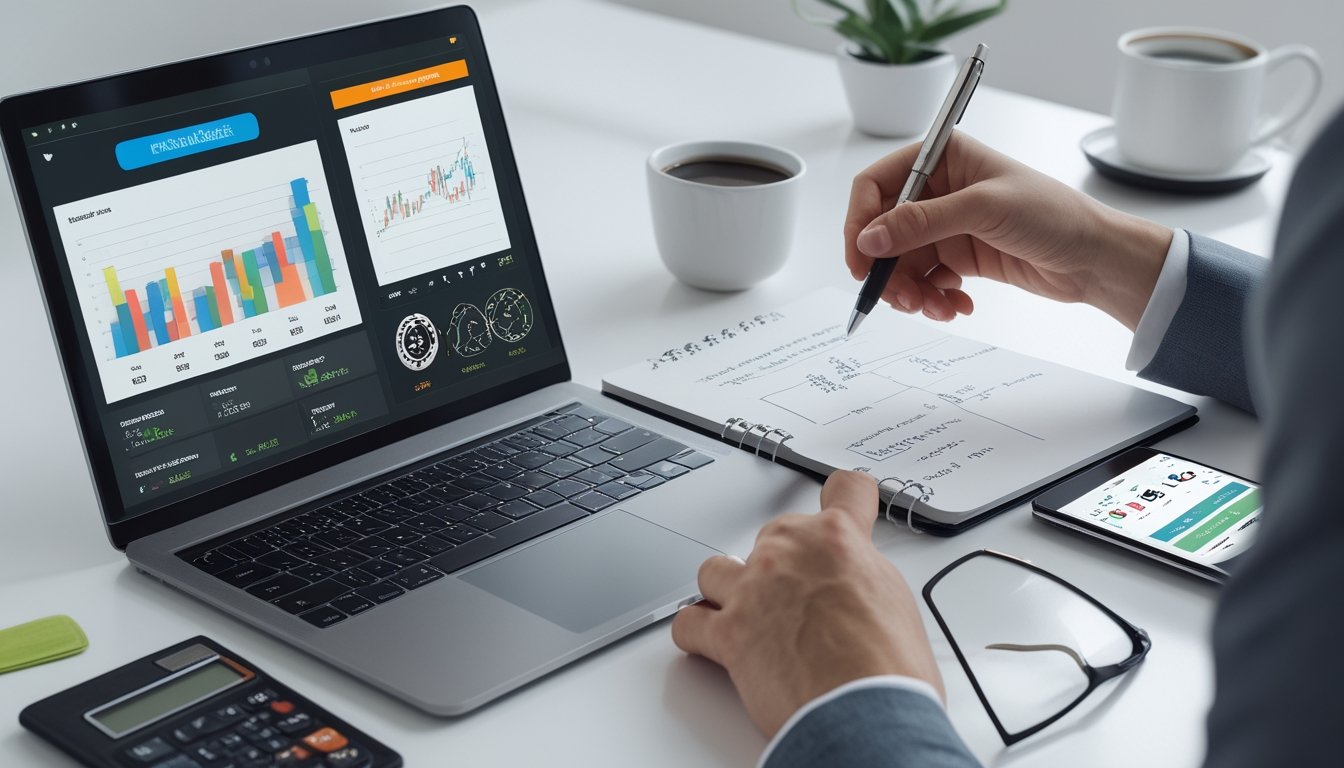 Meja kerja dengan laptop, buku catatan, dan ponsel yang menampilkan grafik dan data keuangan, dengan tangan seseorang sedang mencatat dan menggunakan perangkat tersebut.