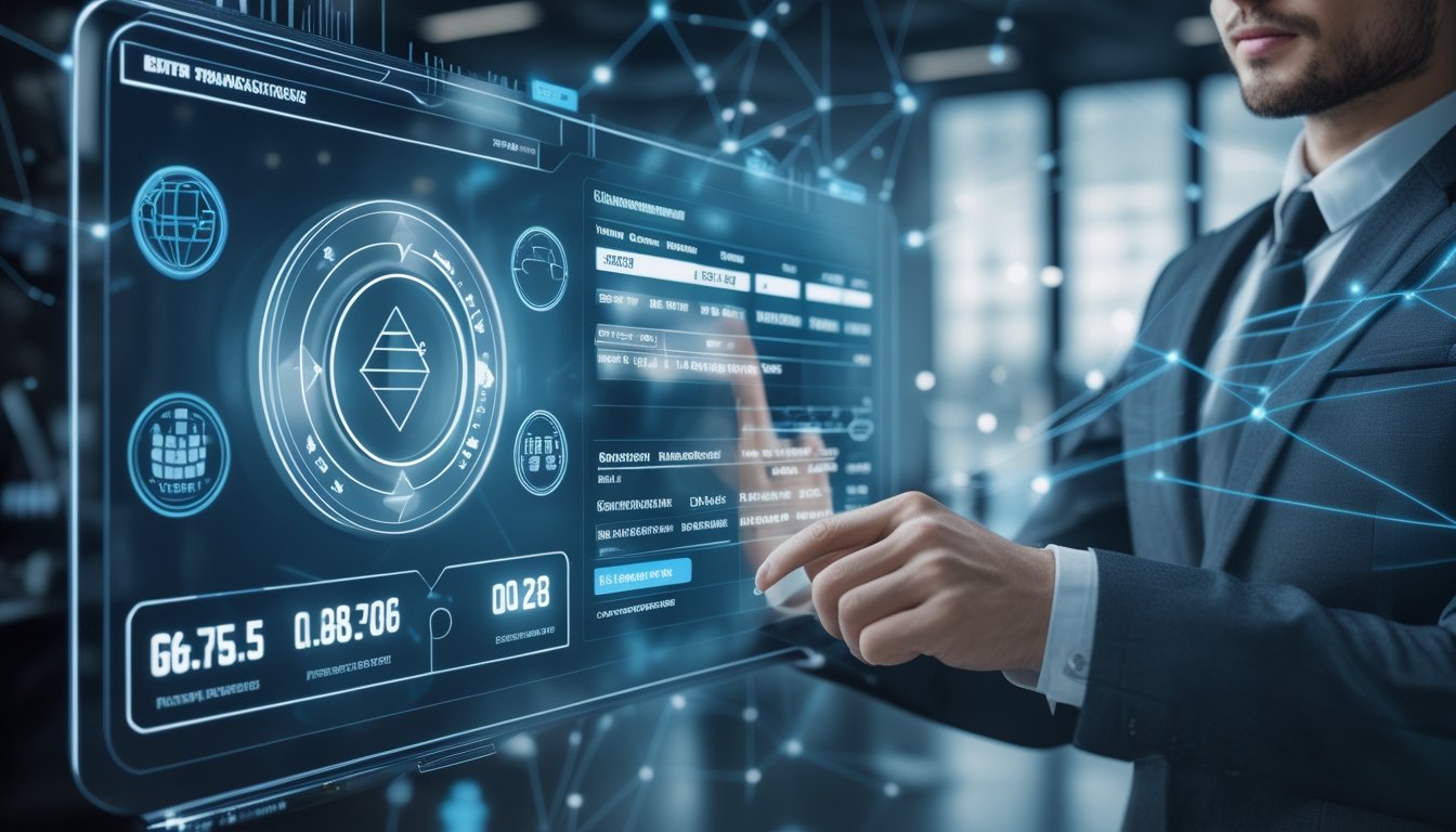 Seorang profesional menggunakan layar sentuh transparan dengan tampilan teknologi blockchain dan taruhan online di kantor modern.