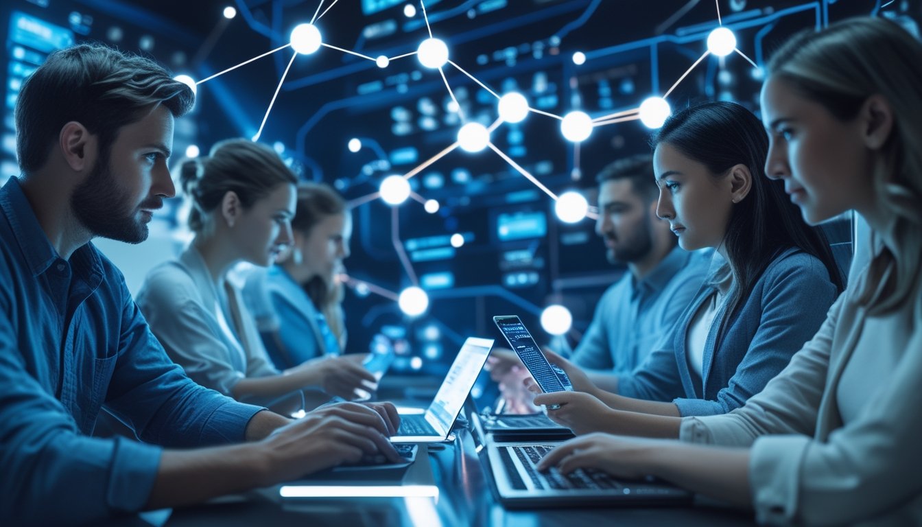 Beberapa orang menggunakan perangkat digital dengan tampilan jaringan blockchain dan elemen taruhan online di latar belakang.