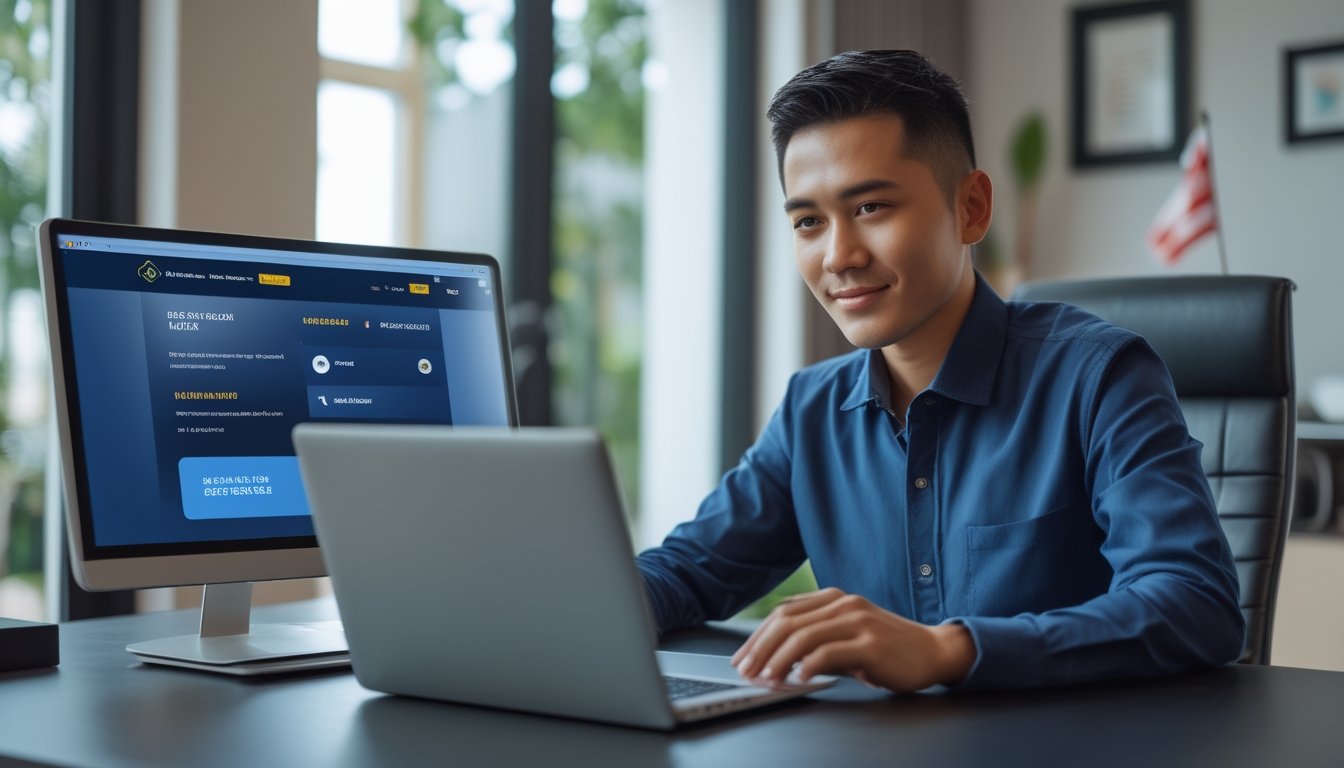Seorang pria muda Indonesia duduk di meja dengan laptop, sedang mengakses situs taruhan online yang aman dan berlisensi internasional.