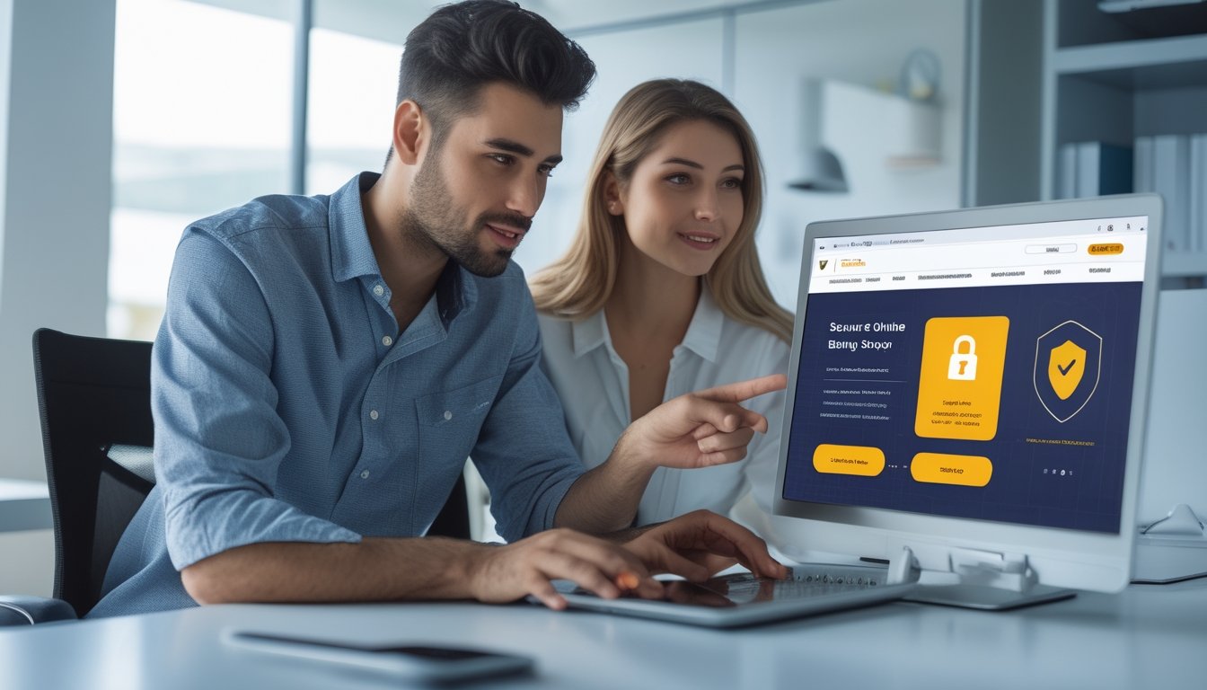 Dua orang dewasa duduk di meja dengan laptop, fokus pada layar yang menunjukkan situs taruhan online yang aman dan terverifikasi.