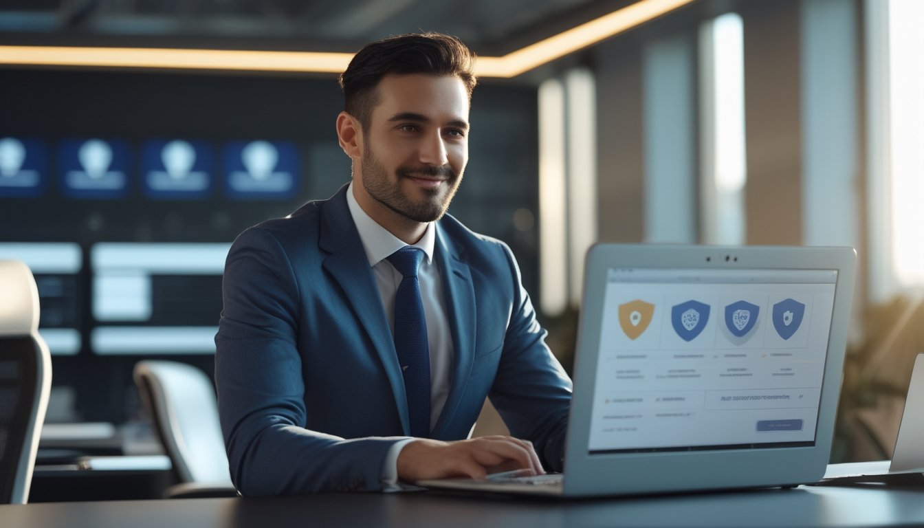 Seorang agen layanan pelanggan profesional sedang bekerja dengan laptop di kantor modern yang rapi, menunjukkan suasana kepercayaan dan keamanan.