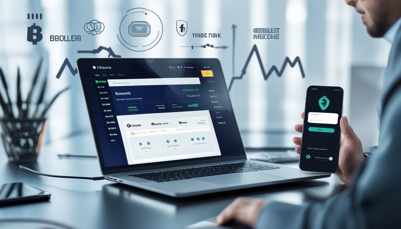 Seorang pengguna sedang menggunakan laptop dan ponsel pintar untuk melakukan pembayaran e-wallet di situs taruhan online dengan latar belakang ikon keuangan digital.
