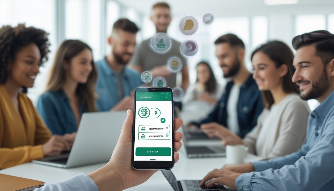 Orang-orang muda menggunakan ponsel dan laptop untuk melakukan transaksi pembayaran digital dengan cepat dan mudah.