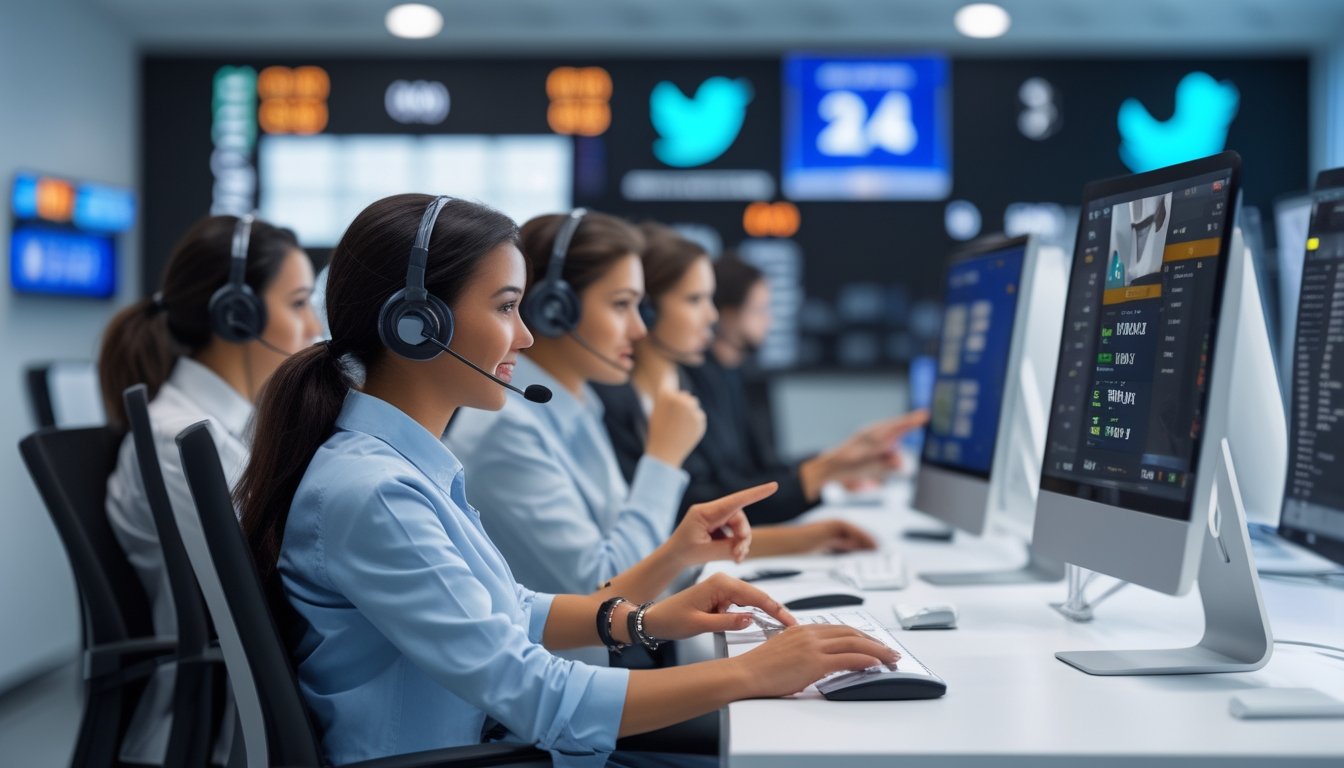 Tim layanan pelanggan yang sedang bekerja di pusat layanan dengan komputer dan headset, membantu pengguna taruhan online.
