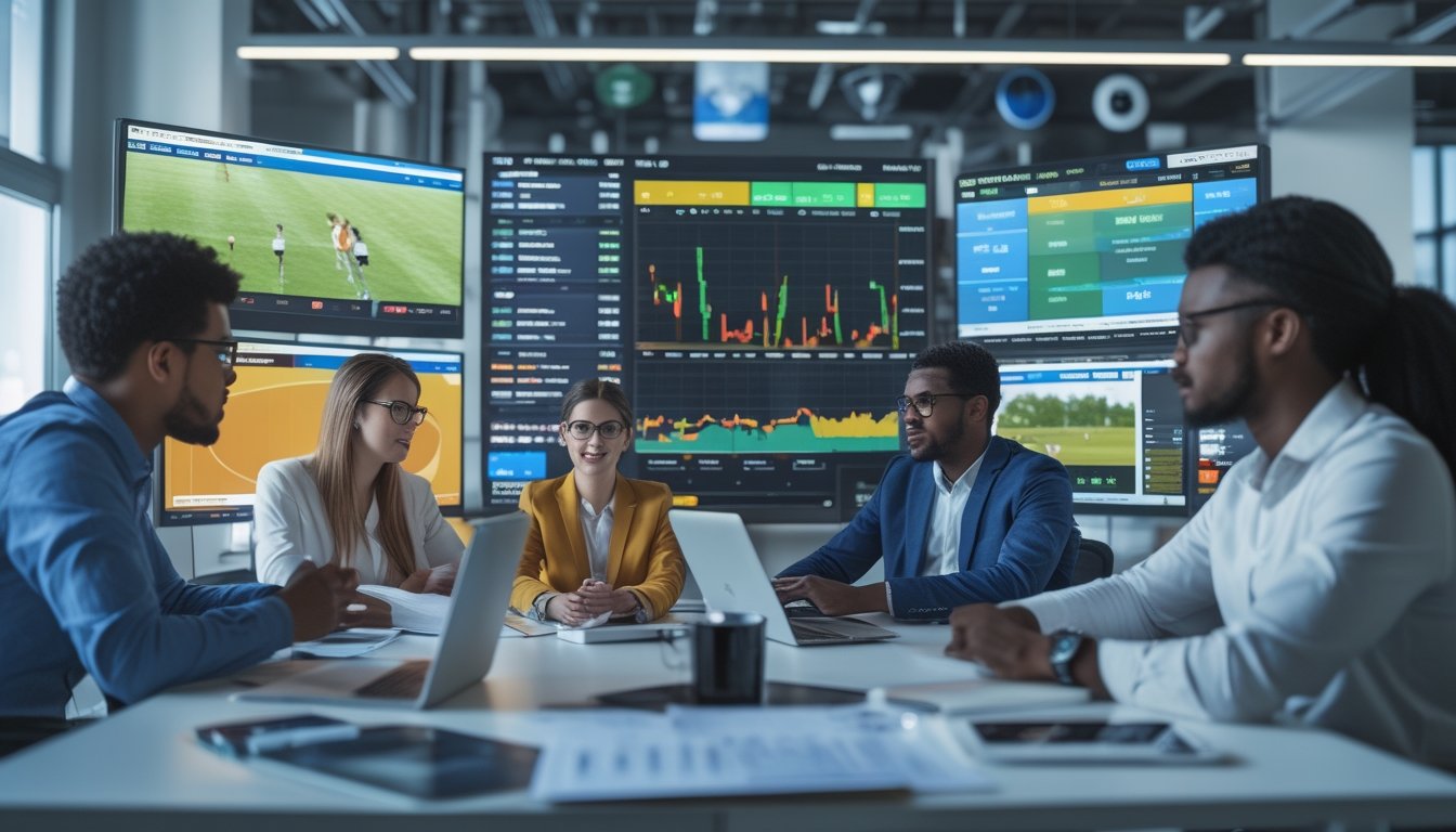 Sekelompok profesional muda sedang menganalisis data taruhan online dengan layar besar yang menampilkan pertandingan olahraga secara langsung di sebuah kantor modern.