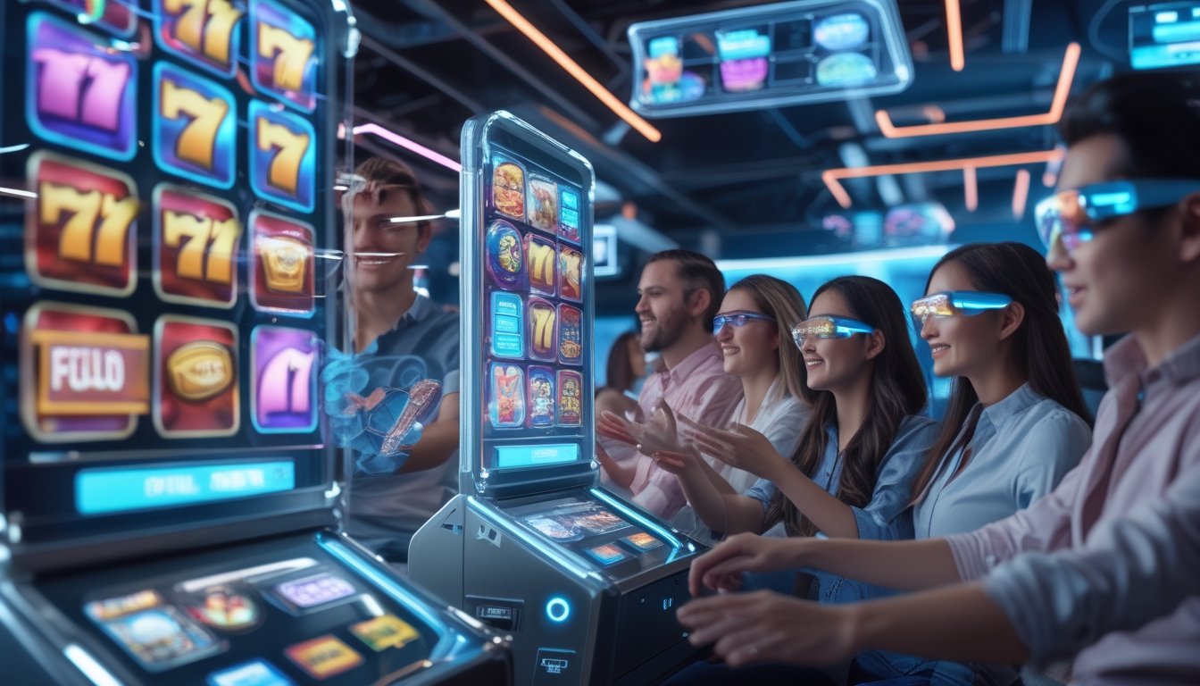 Seorang kelompok pemain menggunakan perangkat realitas tertambah untuk bermain mesin slot holografik di ruang permainan modern futuristik.