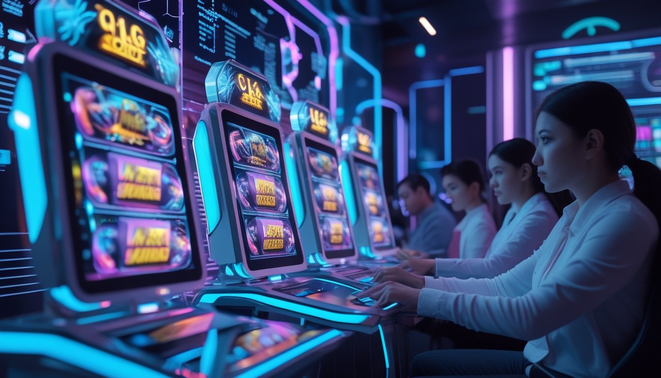 Beberapa orang bermain game slot online dengan tampilan holografik futuristik di ruangan modern berlampu neon.