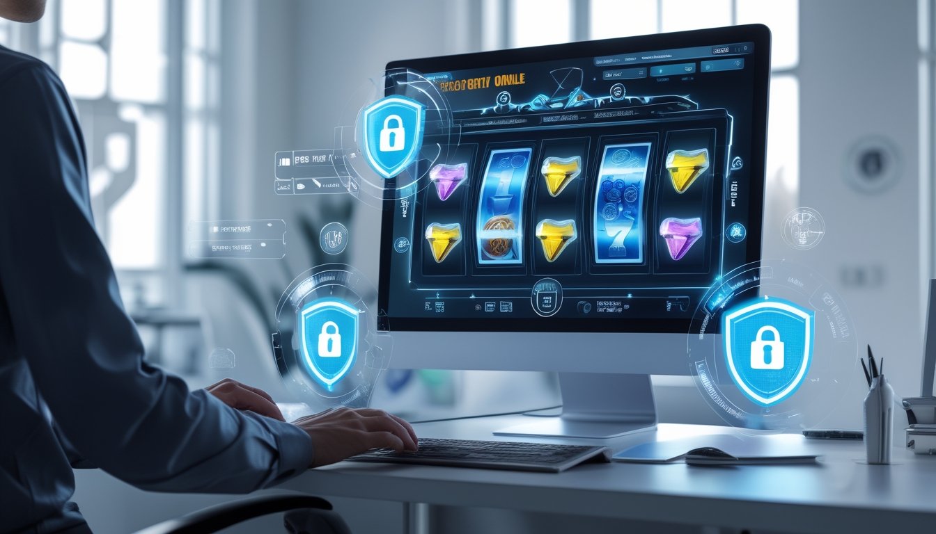 Sebuah layar perangkat digital menampilkan permainan slot online dengan ikon keamanan seperti gembok dan perisai di sekitarnya dalam lingkungan kantor modern.
