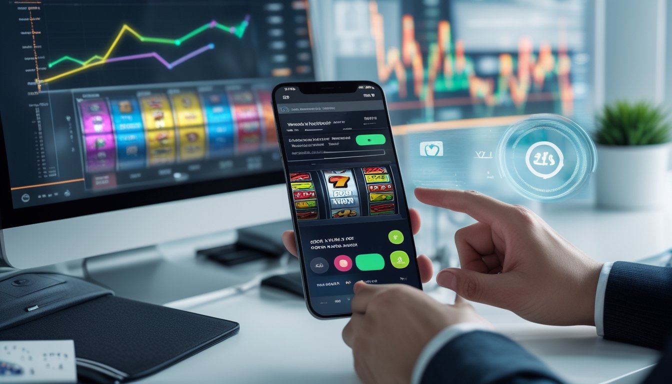 Seseorang menggunakan ponsel pintar untuk bermain slot online dengan aplikasi dompet digital terbuka di meja kerja yang modern.