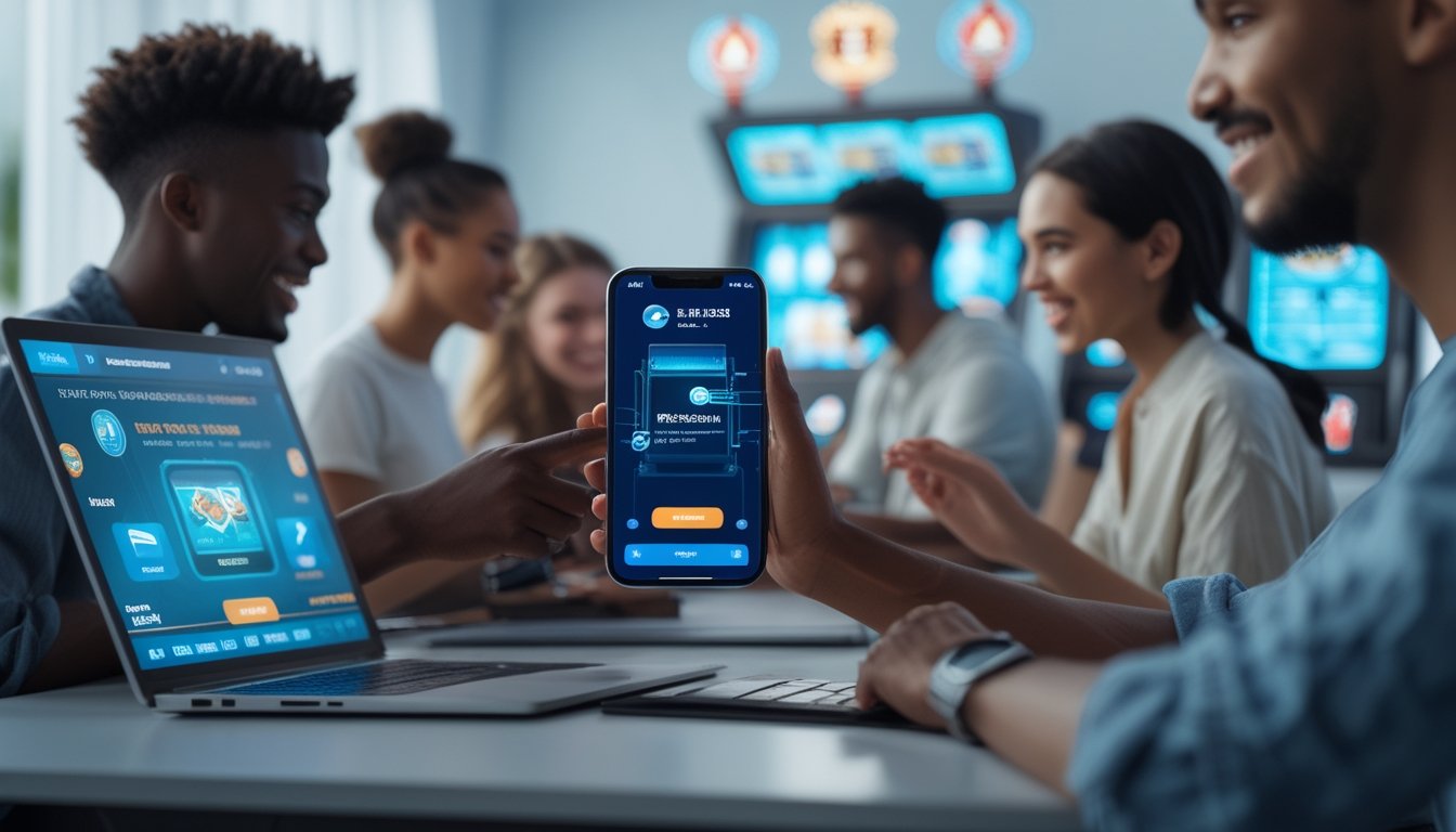 Beberapa orang muda menggunakan ponsel dan laptop untuk bermain slot online dengan aplikasi e-wallet yang menunjukkan transaksi cepat dan aman.