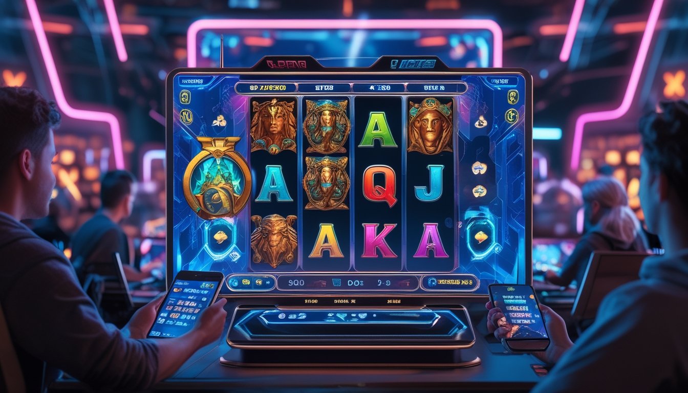 Layar permainan slot online bertema mitologi modern dengan simbol-simbol mitos dan pemain yang sedang bermain di perangkat digital.