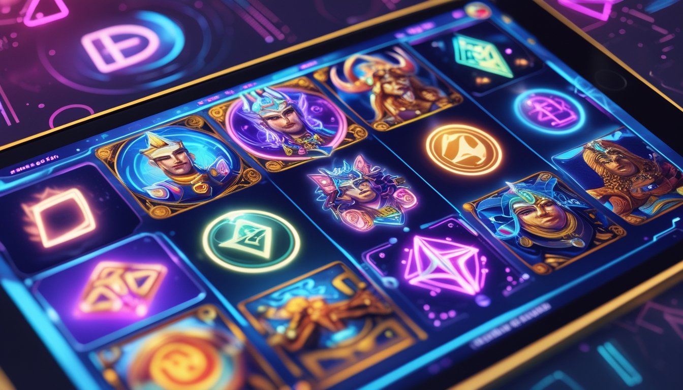 Tampilan layar perangkat digital dengan permainan slot online bertema mitologi modern yang menampilkan simbol-simbol mitologi dan efek cahaya warna-warni.