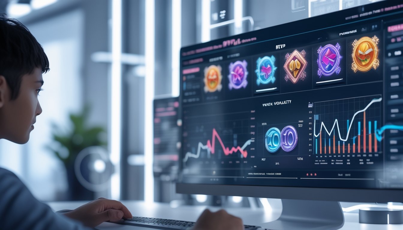 Seseorang sedang menganalisis data grafik dan simbol mesin slot di layar komputer dalam ruang kerja modern.