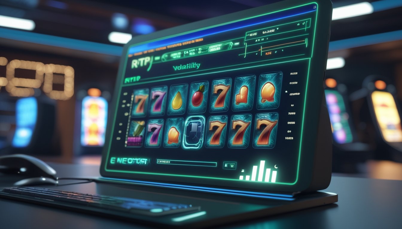 Layar komputer menampilkan permainan slot online dengan grafik dan diagram yang menunjukkan mekanisme RTP dan volatilitas.