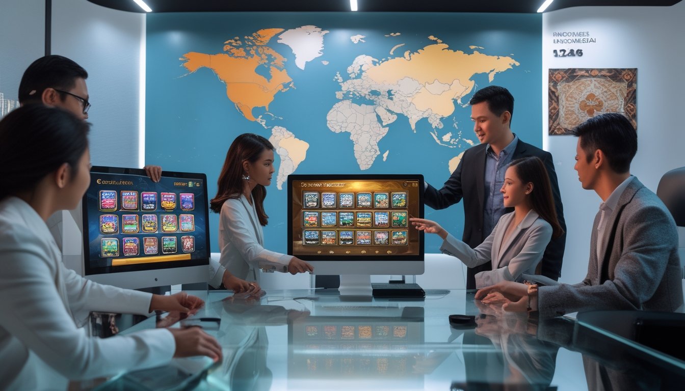 Sekelompok profesional sedang berdiskusi di kantor modern dengan layar komputer menampilkan permainan slot dan peta dunia di latar belakang.
