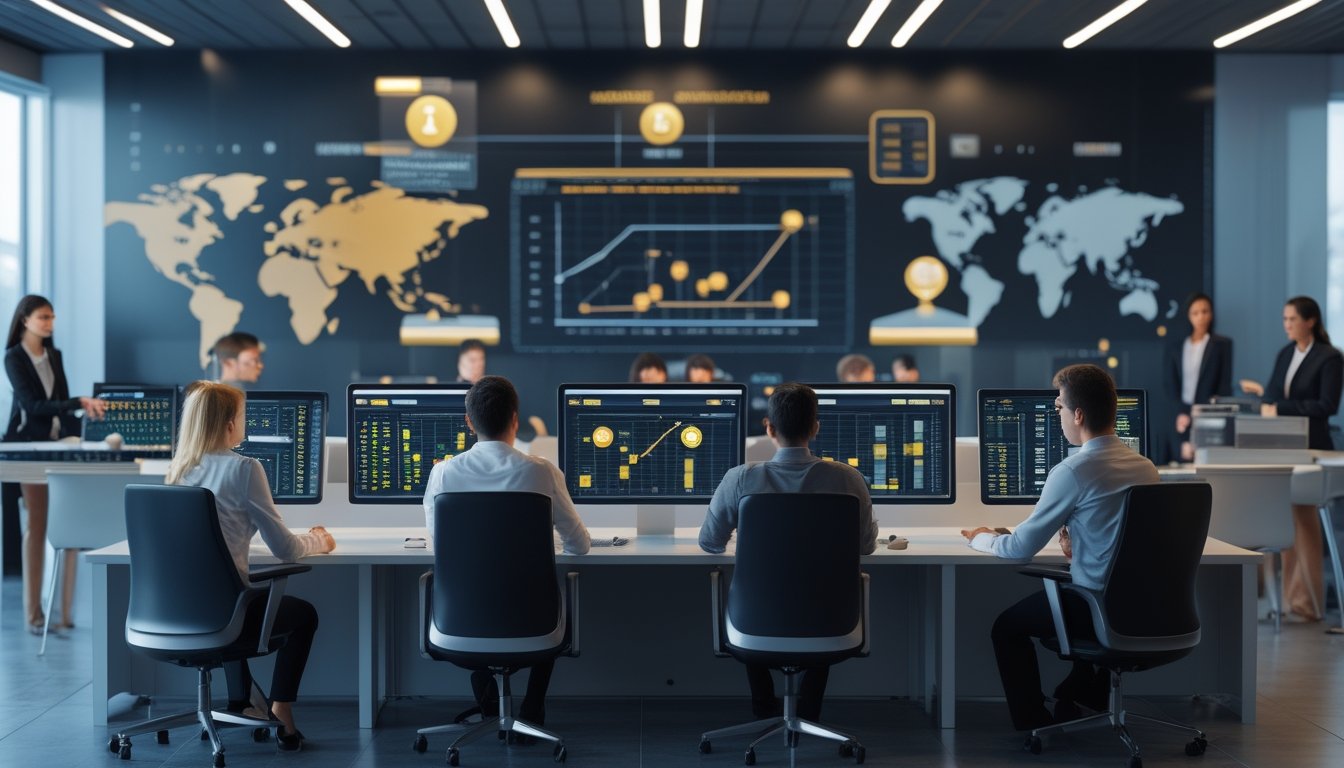 Sekelompok profesional sedang menganalisis data di layar komputer dalam kantor modern yang berfokus pada penyedia slot online internasional.