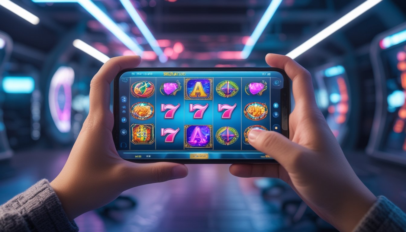 Seseorang memegang ponsel yang menampilkan permainan slot online dengan latar belakang teknologi futuristik.