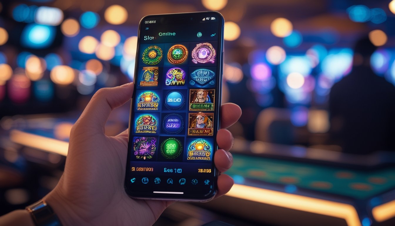 Seseorang memegang ponsel yang menampilkan permainan slot online dengan latar belakang suasana kasino yang samar.