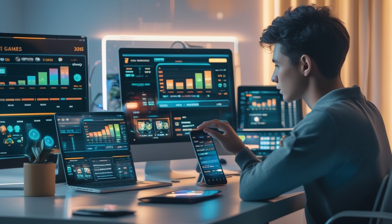 Seorang dewasa muda sedang duduk di meja dengan beberapa perangkat digital menampilkan permainan slot online dan grafik keuangan, terlihat fokus menganalisis data di ruang kerja yang terang dan modern.