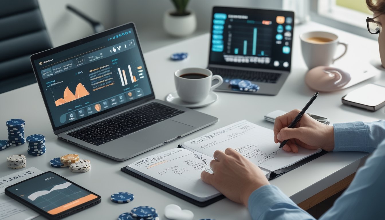 Seorang pria sedang menganalisis data keuangan di laptop dan tablet di atas meja kerja yang rapi dengan peralatan terkait permainan slot online.