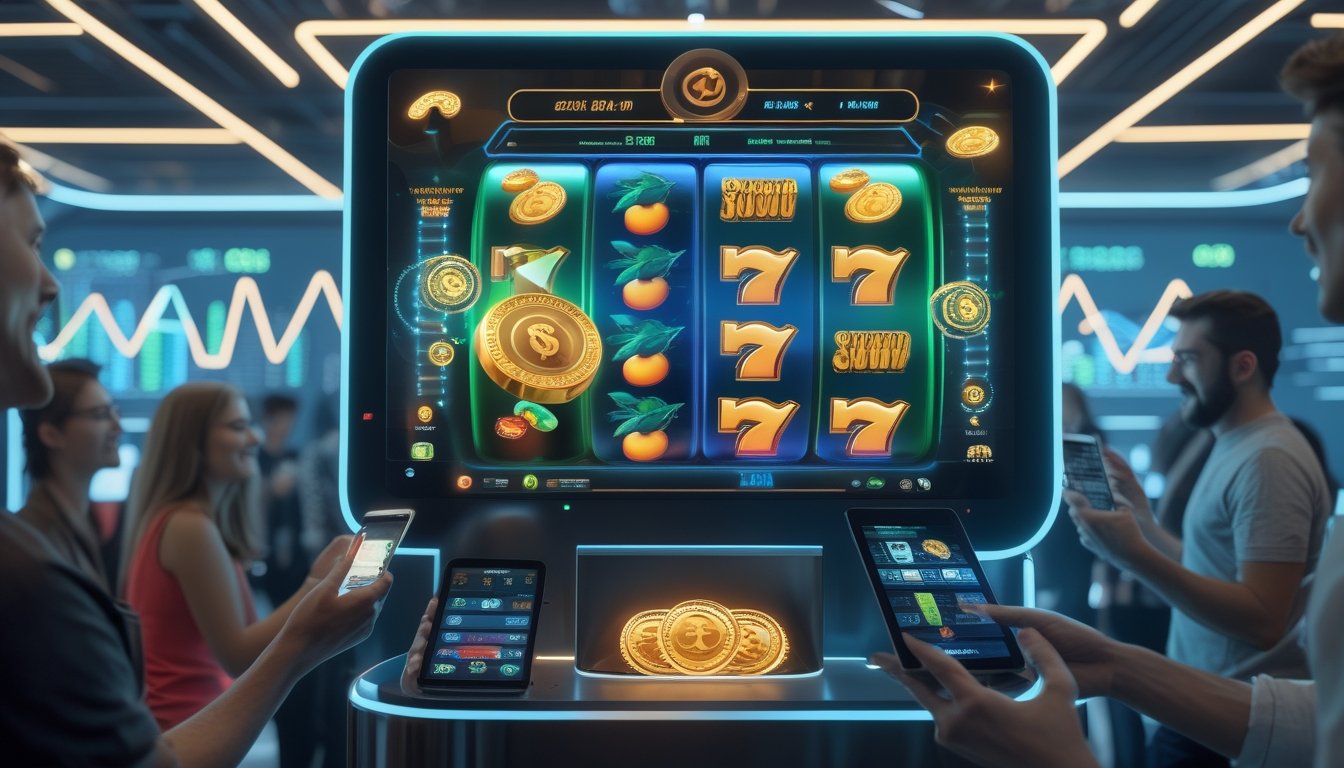 Layar mesin slot online modern dengan simbol berwarna cerah dan pemain yang menggunakan perangkat digital untuk bermain.