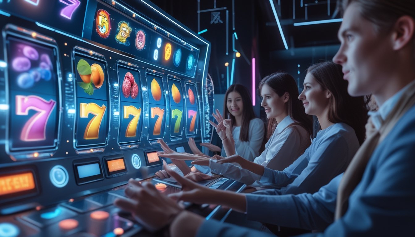 Orang-orang berinteraksi dengan mesin slot digital futuristik yang menampilkan simbol warna-warni dan elemen holografik, menggambarkan teknologi interaktif pada slot online.