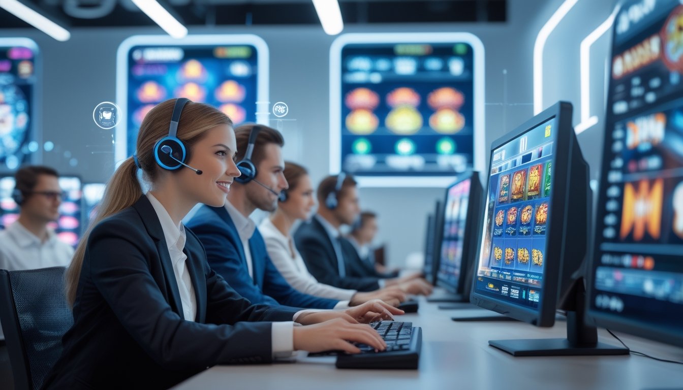 Tim layanan pelanggan yang ramah sedang bekerja di pusat layanan dengan komputer dan layar digital yang menampilkan grafis permainan slot online.