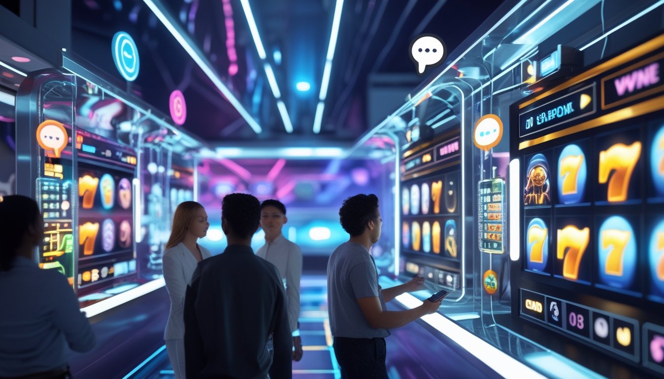 Orang-orang menggunakan layar digital dengan ikon mesin slot dan simbol layanan pelanggan 24 jam dalam suasana teknologi modern.
