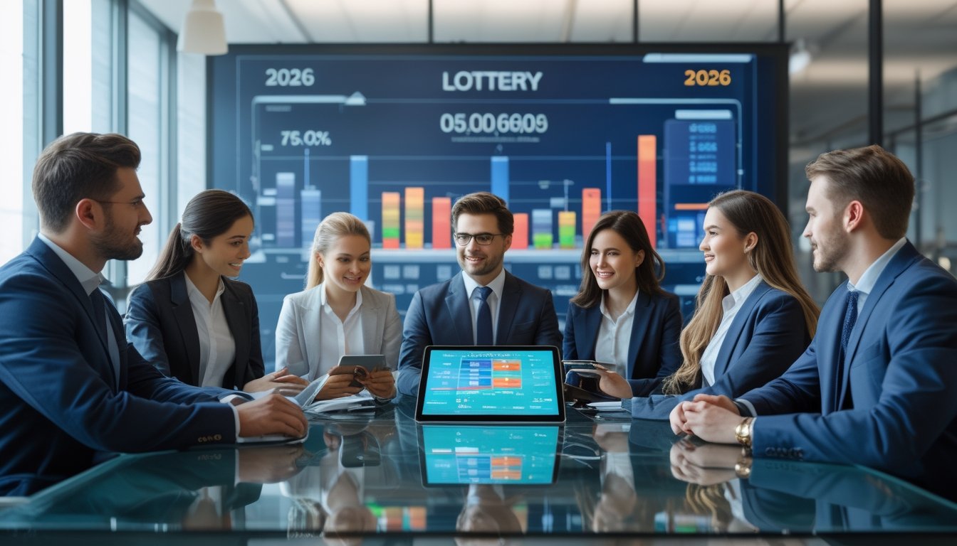 Sekelompok profesional sedang berdiskusi di kantor modern dengan perangkat digital yang menampilkan grafik pasar togel dan hadiah.