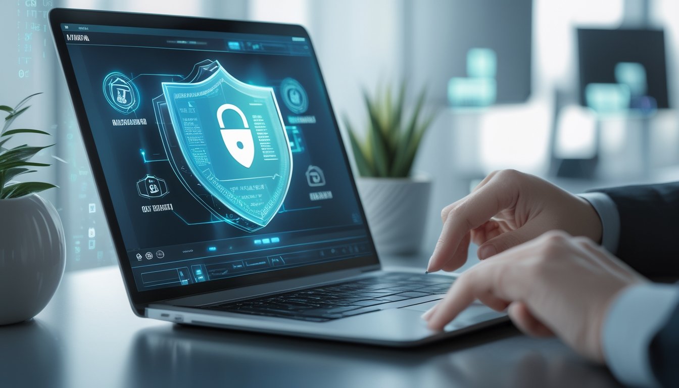 Tampilan layar laptop dengan ikon pelindung holografik dan kode QR pembayaran digital, menunjukkan keamanan data pengguna dalam transaksi online.