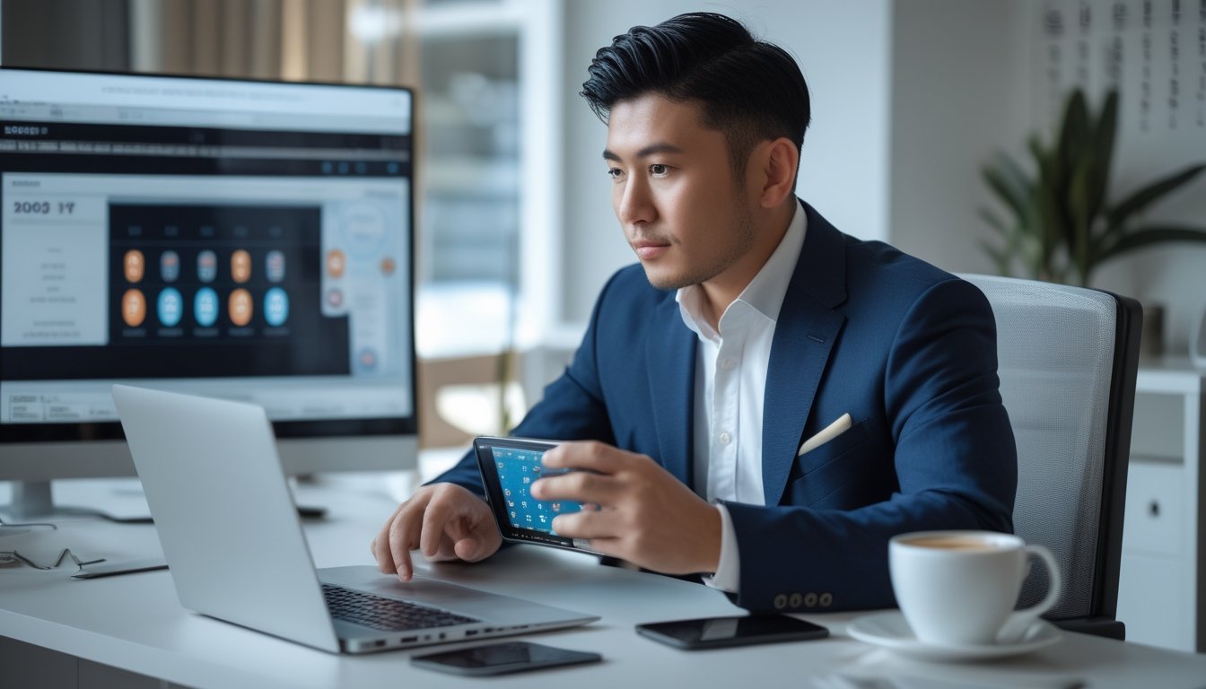 Seorang pria Asia Tenggara duduk di meja kantor modern sambil melihat layar laptop dan ponsel yang menampilkan situs togel online, dengan ekspresi fokus dan lingkungan yang terang dan rapi.