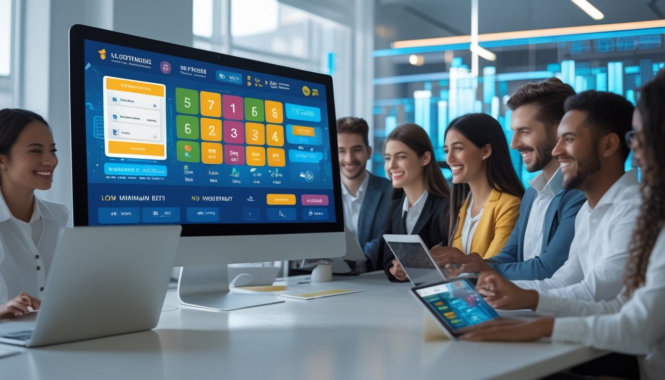 Sekelompok profesional muda menggunakan komputer dan tablet di kantor modern dengan layar menampilkan platform taruhan digital yang interaktif.