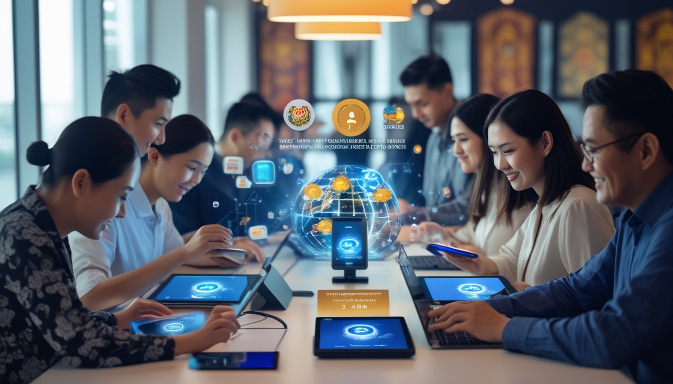 Orang-orang menggunakan perangkat digital untuk transaksi togel online dengan latar ruang kerja modern yang mencerminkan layanan transaksi e-wallet 24 jam di Indonesia.