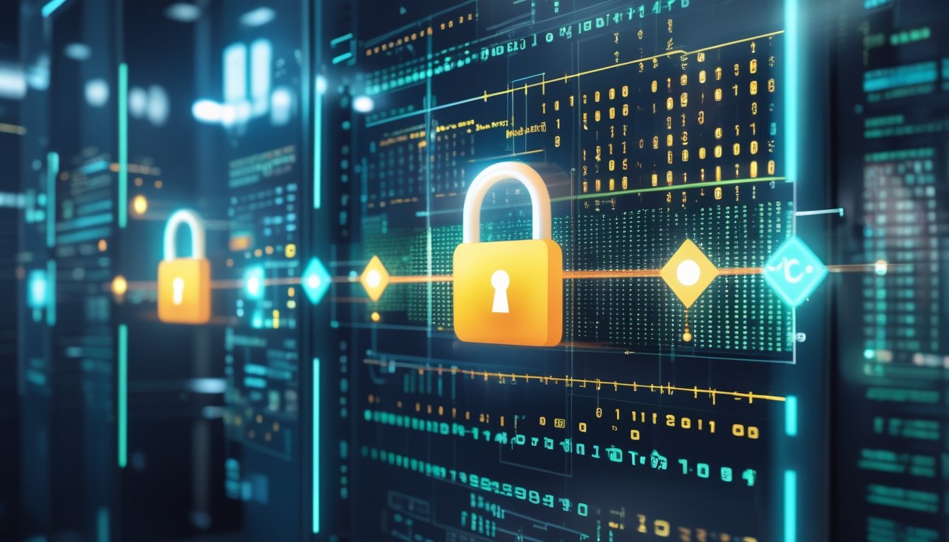 Tampilan antarmuka digital futuristik dengan ikon gembok dan aliran data terenkripsi di ruang server yang aman.