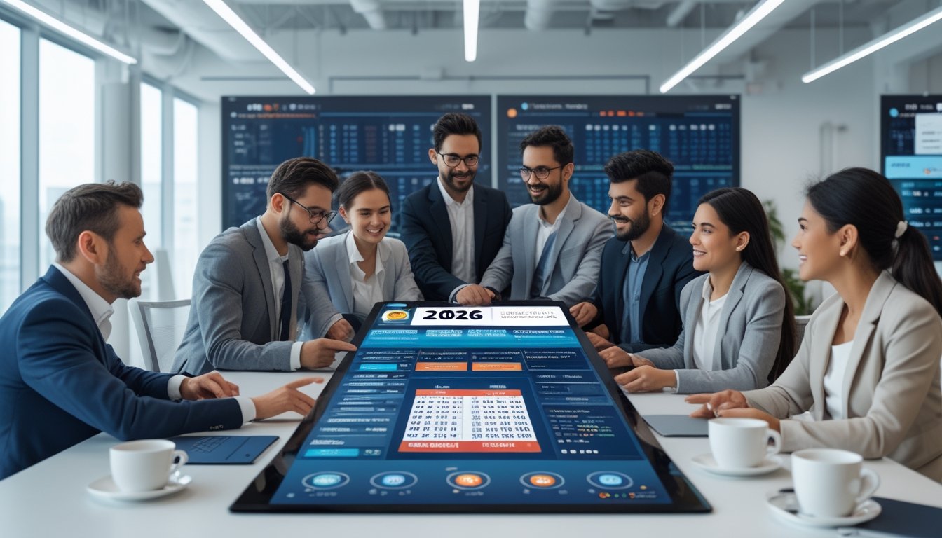 Sekelompok profesional bekerja sama di kantor modern dengan layar digital besar yang menampilkan data dan grafik prediksi togel.