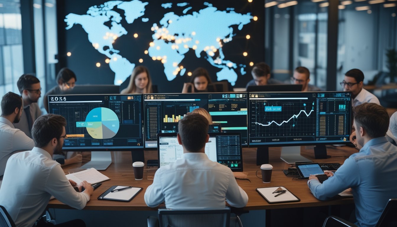 Sekelompok profesional sedang bekerja di kantor dengan layar komputer yang menampilkan data dan grafik prediksi togel.