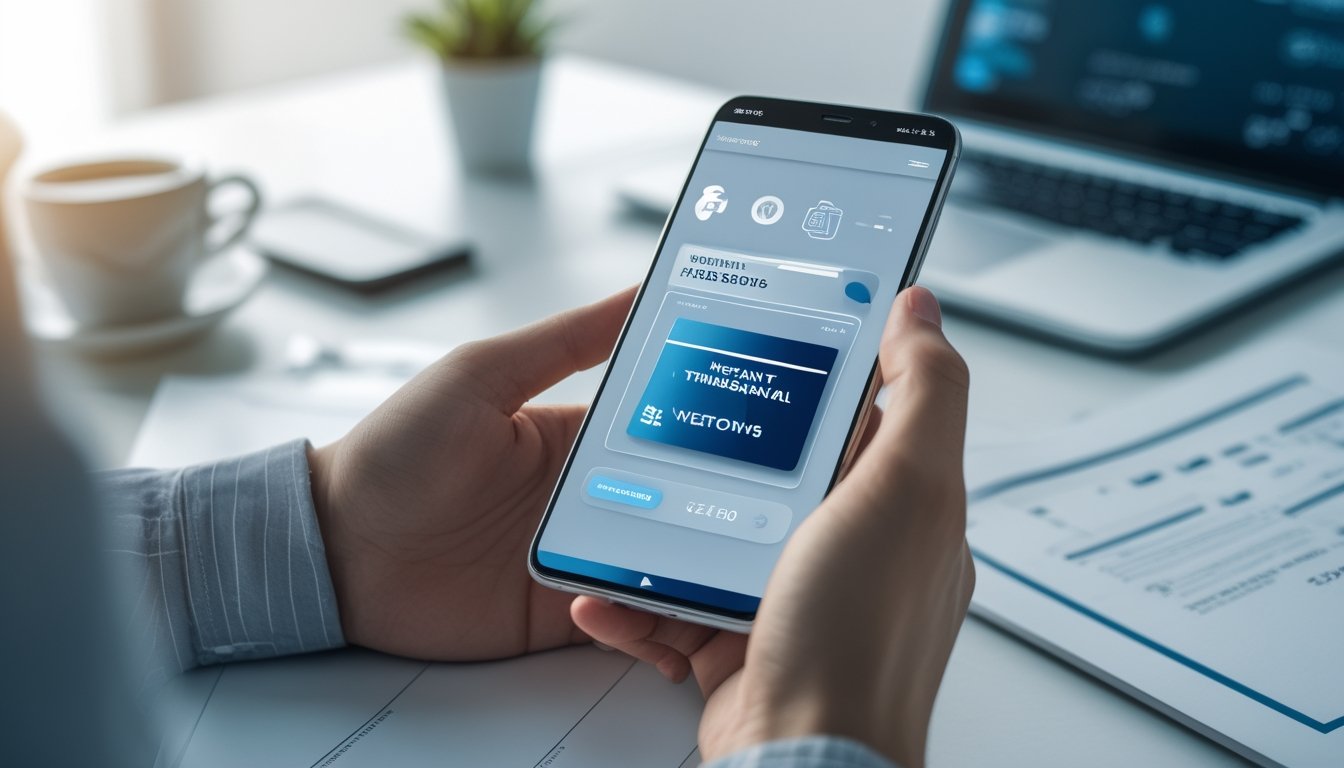 Seseorang memegang smartphone dengan aplikasi dompet digital di layar, di meja kantor dengan laptop dan cangkir kopi.