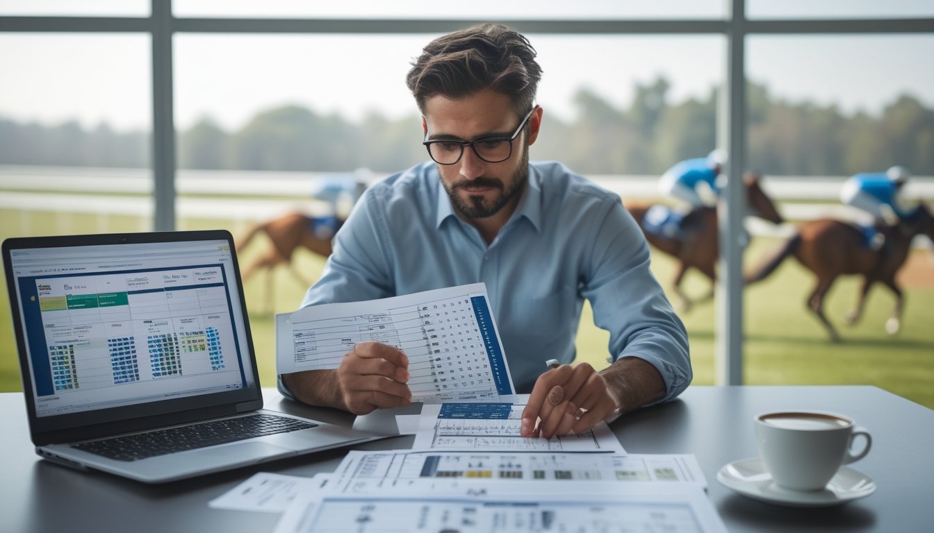 Seseorang sedang menganalisis data pacuan kuda di meja dengan laptop dan formulir balapan, latar belakang lintasan pacuan kuda terlihat melalui jendela.