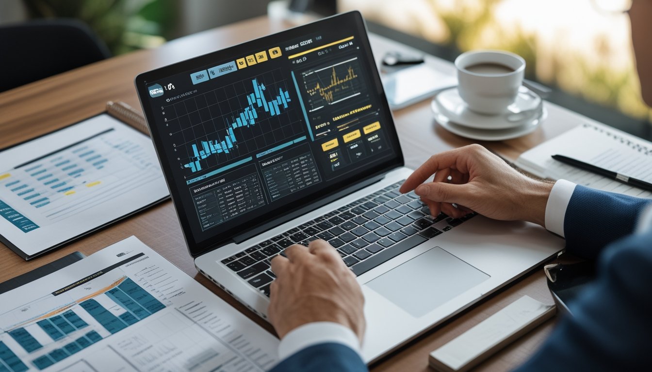 Meja kerja dengan laptop yang menampilkan grafik dan data pacuan kuda, tangan menunjuk ke layar, serta beberapa lembar kertas dan alat tulis di sekitar.
