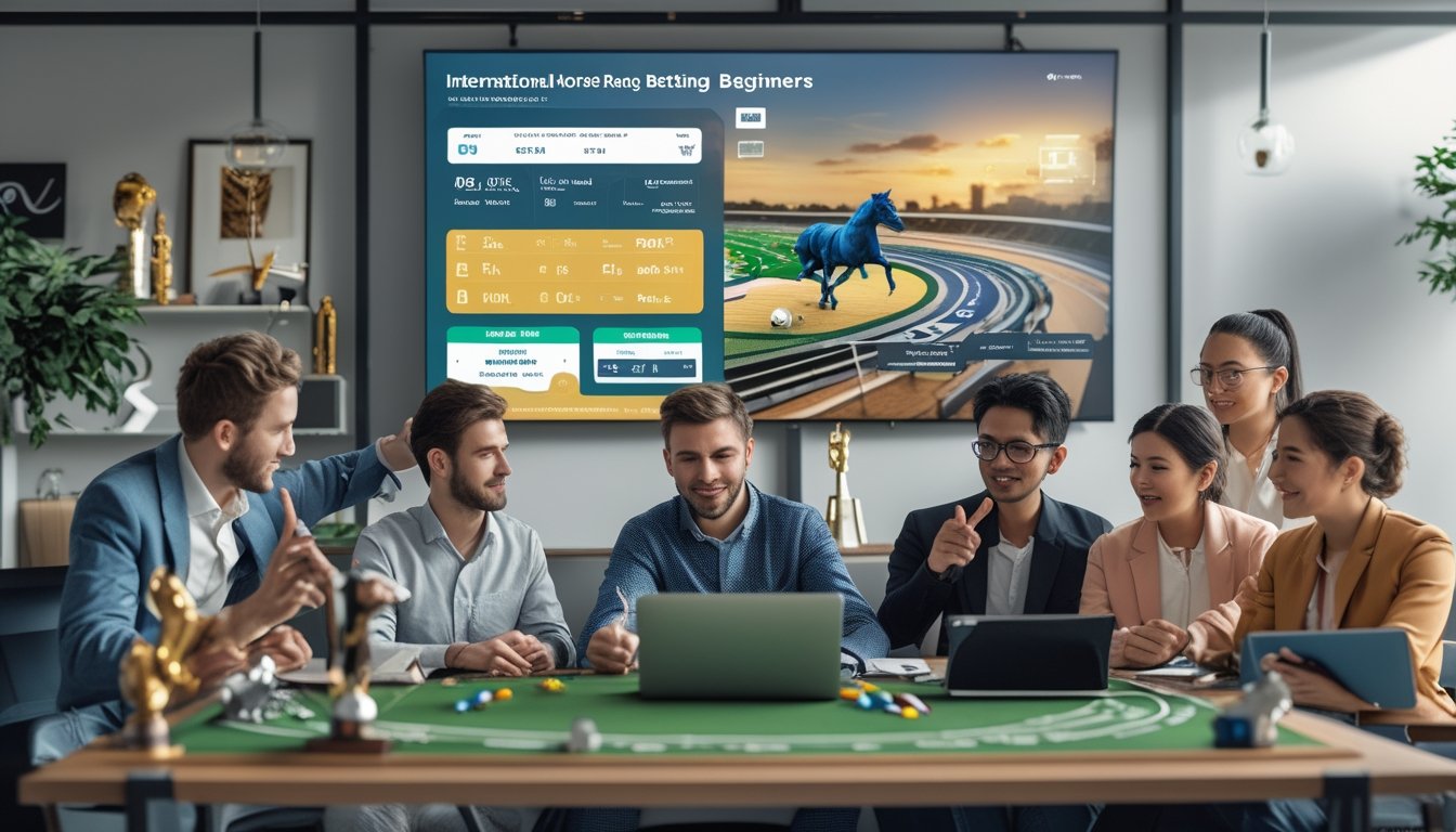 Sekelompok orang muda sedang belajar memasang taruhan pacuan kuda internasional di ruangan modern dengan layar digital menampilkan peta lintasan dan peluang taruhan.