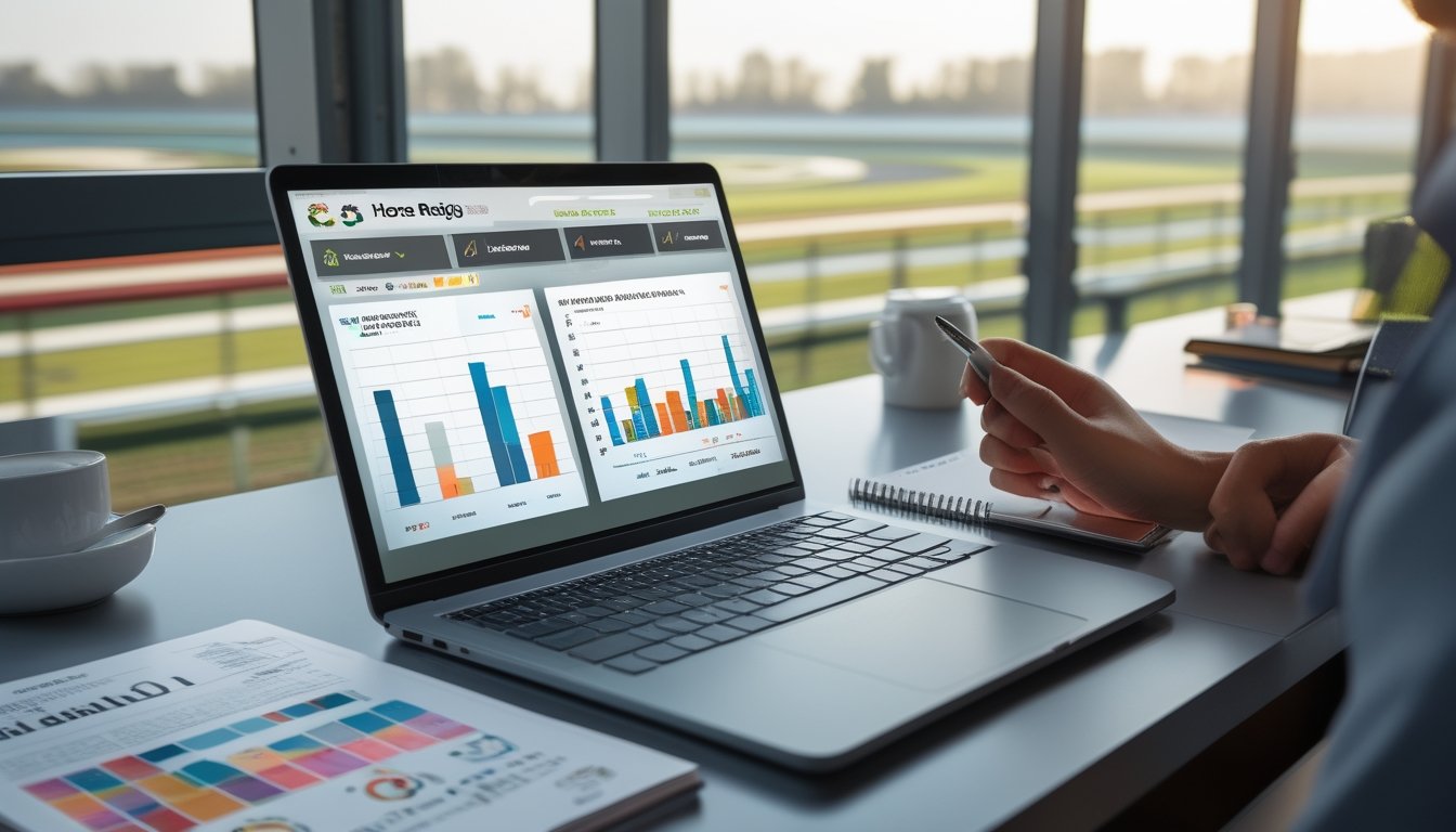Orang sedang menganalisis data statistik joki dan pelatih pacuan kuda di depan laptop dengan grafik dan laporan di meja, latar belakang menunjukkan lintasan pacuan kuda.
